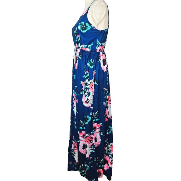 Womens Floral Boho Maxi Dress Adjustable Spaghetti Straps Navy Blue & Pink Small - Picture 4 of 12